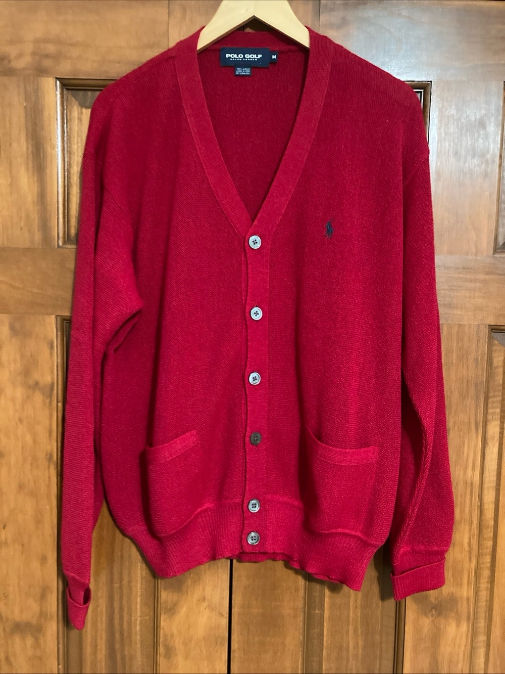 Polo Gold Ralph Lauren Red V-Neck Alpaca Cardigan Mens size medium pockets